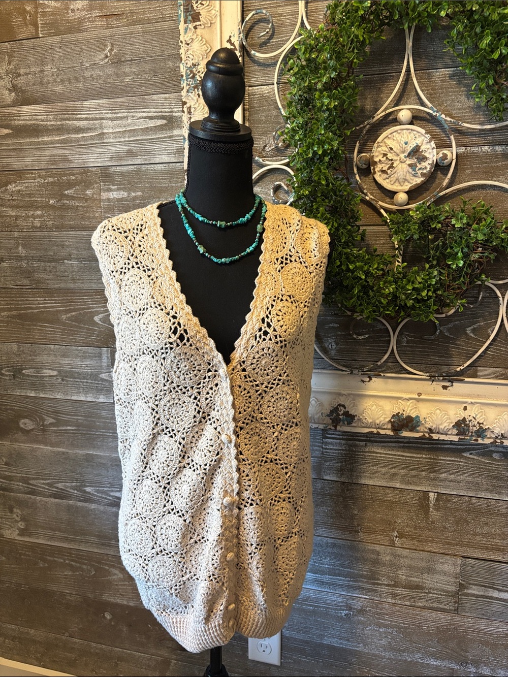 OBR Vintage (M) 90’s Crocheted Openwork Button-Front Vest in Cream- Boho Bliss